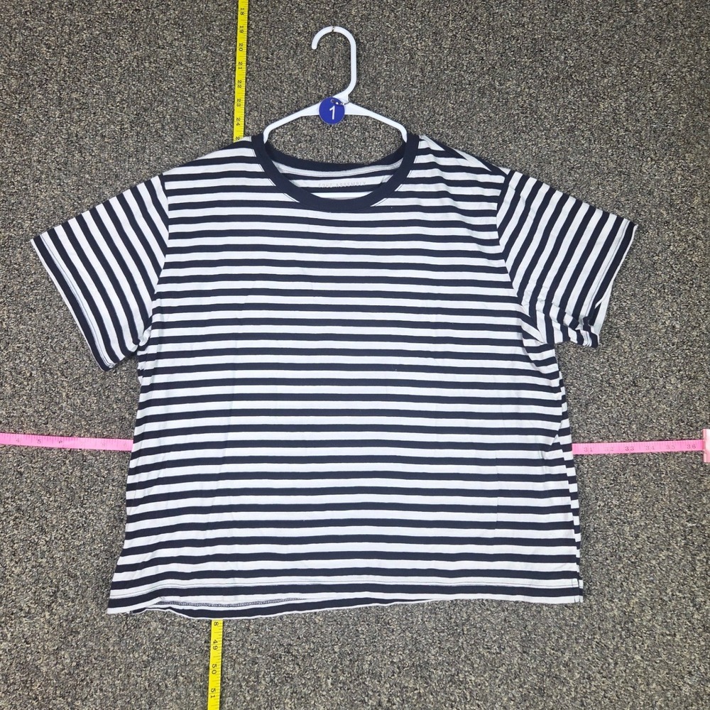 Free Assembly T-Shirt Womens XL Blue White Striped Short Sleeve Crew Neck Boxy